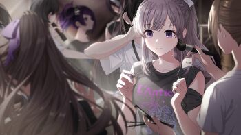 blue_eyes blurry blurry_background braid brown_hair english_text game_cg grey_hair holding idolmaster idolmaster_shiny_colors idolmaster_shiny_colors_song_for_prism makeup_brush official_art ponytail purple_eyes purple_hair shirt tanaka_mamimi yukoku_kiriko
