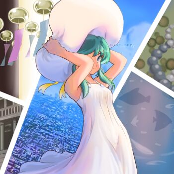 1girl arms_up artist_name bare_arms blue_eyes blue_eyeshadow breasts city closed_mouth commentary cowboy_shot dress eyeshadow fish green_hair hands_on_headwear hat long_dress looking_at_viewer lum makeup miz_mus official_alternate_costume sidelocks sky sleeveless sleeveless_dress small_breasts smile solo standing sun_hat sundress twitter_username urusei_yatsura white_dress wind wind_chime