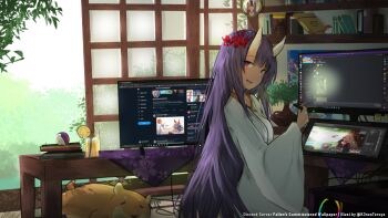 1girl bookshelf breasts commission computer drawing_tablet drink fang from_side hair_between_horns hair_ornament highres holding holding_pen horns indoors japanese_clothes k3nzoteruta kimono long_hair long_sleeves looking_to_the_side medium_breasts monitor open_mouth original pen pink_eyes plant purple_hair sideways_glance skin-covered_horns skin_fang sliding_doors smile solo table tablet_pc twitter_username very_long_hair white_kimono wide_sleeves wooden_table