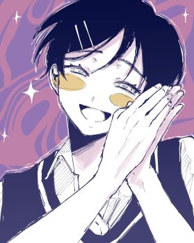 1girl :d blush blush_stickers collared_shirt commentary dress_shirt furrowed_brow futsuu_no_keion-bu hair_ornament hairpin half-closed_eyes hands_up head_tilt highres kouyama_rin limited_palette looking_at_viewer open_mouth own_hands_together palms_together parted_bangs pixie_cut purple_background shirt short_hair smile solo sparkle sparkling_aura sweater_vest tukuritukuru upper_body wavy_background