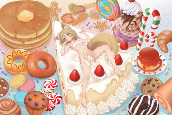 1girl absurdres animal_ears blonde_hair breasts cake cake_slice candy cream cream_on_body flat_chest flatculture food fox_ears fox_girl full_body highres huge_filesize kudamaki_tsukasa licking licking_finger loli looking_at_viewer lying on_back on_food pancake pudding self-upload small_breasts solo test_tube touhou unconnected_marketeers yellow_eyes