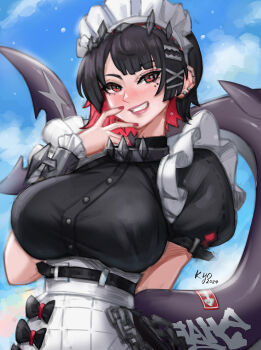 Rule 34 | 1girl, black hair, breasts, colored inner hair, ellen joe, fins, fish tail, kyopink, large breasts, looking at viewer, maid, maid headdress, multicolored hair, red eyes, shark girl, shark tail, short hair, short sleeves, smile, solo, tail, two-tone hair, upper body, zenless zone zero