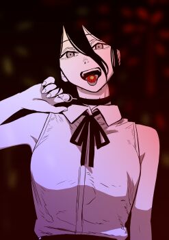 1girl absurdres breasts chainsaw_man choker collared_shirt flower flower_in_mouth grenade_pin hair_between_eyes highres large_breasts looking_at_viewer medium_hair red_flower reze_(chainsaw_man) saladoijipickle shirt sleeveless sleeveless_shirt solo teeth tongue tongue_out upper_teeth_only