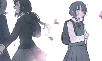 aged_down backpack bag black_hair bruise bruise_on_face bug butterfly closed_eyes collared_shirt commentary_request cowboy_shot gauze gauze_on_cheek grey_hair grey_ribbon grey_skirt grey_vest half-closed_eye hand_on_own_arm highres housho_margo injury insect kurobe_nanoka kurobe_nanoka's_sister long_hair long_sleeves mahou_shoujo_no_majo_saiban natch neck_ribbon official_alternate_costume open_mouth pleated_skirt profile purple_butterfly purple_eyes ribbon school_uniform shirt short_hair siblings sisters skirt smile spoilers standing twintails uneven_eyes vest white_background white_shirt