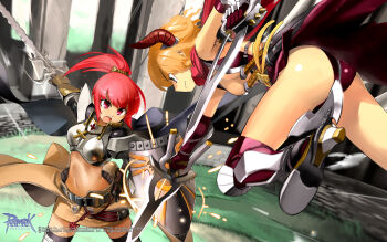 Rule 34 | 2girls, adachi yousuke, arena, armor, armored boots, ass, assassin cross (ragnarok online), belt, black belt, black thighhighs, blocking, blonde hair, boobplate, boots, breastplate, breasts, brown cape, brown skirt, cape, closed mouth, column, copyright notice, crop top, cross, cross necklace, dagger, dual wielding, duel, elbow gloves, feet out of frame, fighting, frown, gauntlets, gloves, grass, guest art, high heel boots, high heels, high ponytail, highres, holding, holding dagger, holding knife, holding shield, holding sword, holding weapon, horns, jamadhar, jewelry, jumping, knife, leotard, logo, looking at another, medium breasts, multiple girls, navel, necklace, official art, official wallpaper, open mouth, paladin (ragnarok online), pauldrons, pillar, pink eyes, pink hair, ponytail, purple eyes, ragnarok online, red gloves, red horns, red leotard, red thighhighs, revealing clothes, shield, short hair, shoulder armor, skirt, sparks, sword, thighhighs, v-shaped eyebrows, vambraces, waist cape, weapon