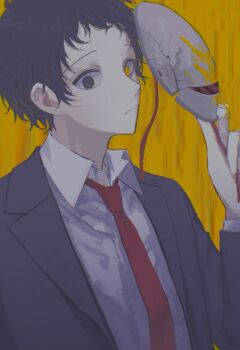 1boy adachi_tooru black_eyes black_jacket closed_mouth collared_shirt commentary_request cracked_mask heterochromia holding holding_mask jacket looking_at_viewer male_focus mask messy_hair necktie persona persona_4 red_necktie shirt solo stille_03 upper_body white_shirt yellow_background