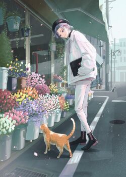 1boy absurdres beret black_boots black_hat book boots ca_mei cat closed_mouth commentary falling_petals flower full_body fuwa_minato fuwa_minato_(7th_costume) grey_hair hat highres holding holding_book jacket lamppost looking_at_animal male_focus multicolored_hair nijisanji official_alternate_costume open_clothes open_jacket orange_flower pants pants_tucked_in parted_bangs petals pink_flower pink_petals plant ponytail potted_plant purple_eyes purple_flower short_ponytail sleeves_past_wrists smile solo storefront streaked_hair virtual_youtuber white_flower white_jacket white_pants yellow_flower