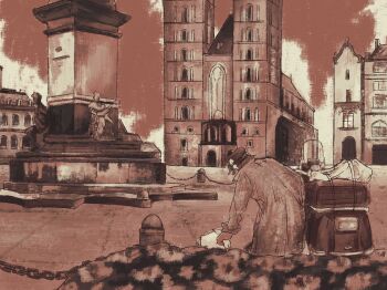 1girl architecture bollard brough_superior building chain chinese_commentary coat commentary_request day from_behind hat hermes_(kino_no_tabi) highres kino_no_tabi long_sleeves making-of_available motor_vehicle motorcycle outdoors plaza scenery sepia short_hair sky solo statue town xutu8116