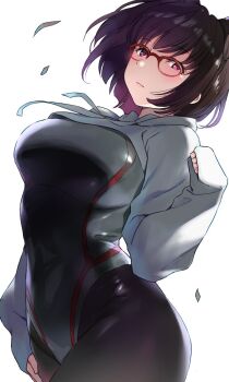 1girl black_bodysuit bodysuit breasts brown_hair character_request closed_mouth copyright_request duke_(inu_daimyou) glasses gradient_hair highres jacket large_breasts looking_at_viewer multicolored_hair pink_eyes purple_hair red-framed_eyewear short_hair shrug_(clothing) simple_background solo white_background white_jacket