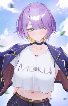 1girl absurdres arms_behind_back asymmetrical_bangs averting_eyes belt belt_collar black_collar blonde_hair blunt_bangs blush bob_cut breasts brown_belt closed_mouth clothes_writing collar collarbone colored_inner_hair commentary cropped_shirt earrings falling_leaves gradient_eyes highres hololive hololive_indonesia jacket jacket_on_shoulders jewelry large_breasts leaf midriff moona_hoshinova moona_hoshinova_(casual) multicolored_eyes multicolored_hair navel official_alternate_costume official_alternate_hairstyle open_clothes open_jacket pants purple_eyes purple_hair purple_jacket purple_pants shirt short_hair short_sleeves solo suit_jacket t-shirt two-sided_fabric two-sided_jacket two-tone_hair virtual_youtuber white_shirt yellow_eyes yoellim5
