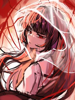 1girl black_hair bridal_veil commentary english_commentary highres hood japanese_clothes kimono limbus_company long_hair looking_back open_mouth parted_lips project_moon ranyo0680 red_eyes ryoshu_(project_moon) see-through_clothes shiromuku solo uchikake unfinished veil wataboushi white_kimono