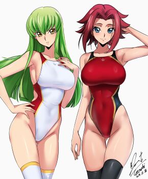 2girls absurdres arm_at_side arm_behind_head arm_up armpits ass bare_arms bare_shoulders black_thighhighs blue_eyes blush breasts c.c. closed_mouth code_geass commentary_request competition_swimsuit covered_navel cowboy_shot dated flipped_hair gluteal_fold green_hair groin hair_intakes hand_on_own_hip highleg highleg_one-piece_swimsuit highres kouzuki_kallen large_breasts long_hair looking_at_viewer multiple_girls one-piece_swimsuit red_hair red_one-piece_swimsuit short_hair sidelocks signature simple_background smile standing swimsuit thigh_gap thighhighs white_background white_one-piece_swimsuit white_thighhighs yellow_eyes yoo_tenchi