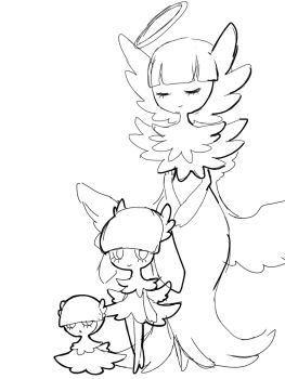 3girls blunt_bangs child closed_eyes fakemon full_body greyscale hair_over_eyes halo legs_together looking_to_the_side monochrome muguet multiple_girls nintendo open_mouth original own_hands_together pokemon short_hair sketch standing v_arms wings
