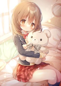 Rule 34 | 1boy, anonymous crossdresser, black jacket, black socks, blazer, blush, bow, bowtie, brown eyes, brown hair, cardigan, closed mouth, collared shirt, commission, crossdressing, crossdressing (mtf), curtains, day, feet out of frame, hair between eyes, head tilt, highres, hugging doll, hugging object, indoors, jacket, kneehighs, legs together, light particles, long sleeves, looking at viewer, medium hair, microskirt, momozu komamochi, on bed, open clothes, open jacket, original, panties, pantyshot, pillow, plaid clothes, plaid skirt, pleated skirt, red bow, red bowtie, red skirt, school uniform, shiny skin, shirt, signature, sitting, skeb commission, skirt, sleeves past wrists, smile, socks, solo, stuffed animal, stuffed toy, teddy bear, trap, underwear, white panties, white shirt, yellow cardigan