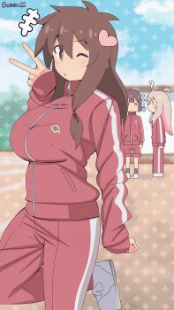 +++ ... 3girls ? ahoge artist_name bambi2000line blue_hair blue_sky breast_envy breasts brown_eyes brown_hair child cloud commentary day genderswap genderswap_(mtf) heart highres hozuki_momiji jacket large_breasts light_blush long_hair long_sleeves looking_at_viewer multicolored_hair multiple_girls o_o one_eye_closed onii-chan_wa_oshimai! outdoors oyama_mahiro pants pink_hair red_jacket red_pants red_shorts sakurada_yuuta shorts size_difference sky sleeves_past_wrists solo_focus track_jacket track_suit two-tone_hair v