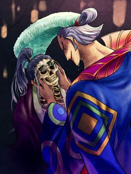 1boy blue_hair blue_kimono closed_mouth crying dark_background denjirou_(one_piece) from_side glasses hair_ornament hands_on_another's_face head_grab holding holding_person holding_skull japanese_clothes kimono living_(pixiv5031111) long_hair male_focus multiple_persona one_piece pompadour ponytail purple_kimono sideburns skeleton skull smile solo sunglasses tears topknot traditional_clothes v-shaped_eyebrows