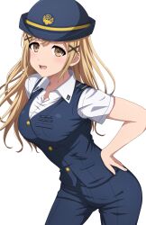 Rule 34 | 1girl, absurdres, bang dream!, blonde hair, blue hat, blue pants, blue vest, blush, breast pocket, breasts, buttons, collared shirt, commentary, contrapposto, cowboy shot, female service cap, hair down, hair ornament, hand on own hip, hat, highres, ichigaya arisa, large breasts, long hair, looking at viewer, noshimurin, open mouth, pants, pocket, shirt, short sleeves, simple background, smile, solo, standing, teeth, train attendant, travel attendant, upper teeth only, vest, white background, white shirt, x hair ornament, yellow eyes