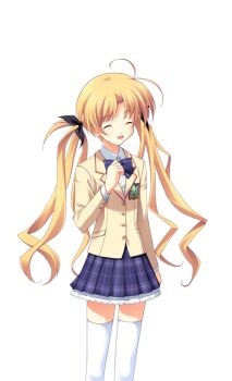 1girl antenna_hair black_bow blazer blonde_hair bow bowtie breasts brown_jacket chaos;head closed_eyes collared_shirt dress_shirt facing_viewer game_cg hair_bow hand_on_own_chest jacket looking_at_viewer matsuo_yukihiro miniskirt non-web_source official_art open_mouth orihara_kozue petticoat plaid_bow plaid_bowtie plaid_clothes plaid_skirt purple_bow purple_bowtie school_uniform science_adventure shirt skirt small_breasts smile solo sprite suimei_academy_school_uniform thighhighs transparent_background twintails white_shirt white_thighhighs winter_uniform zettai_ryouiki