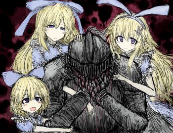 1boy 3girls age_comparison alice&#039;s_adventures_in_wonderland alice_(black_souls) animal_ear_hairband animal_ears apron armor black_souls black_souls_2 blonde_hair blood blood_on_face blue_bow blue_dress blue_eyes blue_hairband blush bow cape closed_mouth commentary daughter_alice_(black_souls) dress fake_animal_ears frills full_armor fur_cape gauntlets grey_cape grimm_(black_souls) hair_between_eyes hair_bow hair_ornament hairband hands_on_own_face headpat heart heart-shaped_pupils helm helmet holding knight long_hair looking_at_another mother_alice_(black_souls) multiple_girls official_art open_mouth puffy_short_sleeves puffy_sleeves rabbit_ear_hairband rabbit_ears rabbit_hair_ornament ribbon short_sleeves sidelocks sister_alice_(black_souls) smile sushi_yuusha_toro symbol-shaped_pupils upper_body very_long_hair white_apron