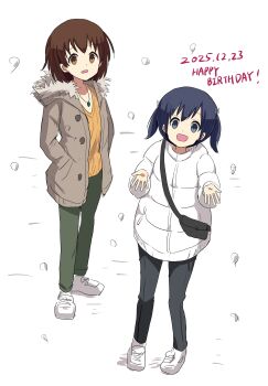 2girls absurdres black_hair black_pants blue_eyes brown_coat brown_eyes brown_hair coat commentary_request dated fanny_pack full_body fur-trimmed_coat fur_trim green_pants hand_in_pocket happy_birthday highres hiryuu_(kancolle) hiryuu_(mitsukoshi_2019)_(kancolle) jacket kantai_collection kitagawa_(ktgw_116) multiple_girls orange_sweater pants short_hair simple_background snow souryuu_(kancolle) souryuu_(mitsukoshi)_(kancolle) sweater twintails white_background white_jacket winter_clothes winter_coat