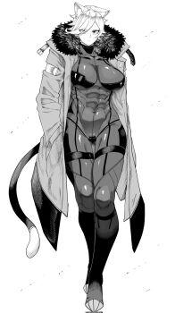 1girl abs animal_ears anus anus_peek bodysuit boots bra breasts cat_ears cat_girl cat_tail cleavage coat fur_collar fur_trim hands_in_pockets highres large_breasts muscular muscular_female open_clothes open_coat original see-through_clothes shimizu_ginkaku short_hair simple_background solo tail tight_clothes underwear white_background