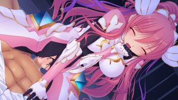 Rule 34 | 1boy, 1girl, abs, arm between breasts, armor, between breasts, blush, bodysuit, breasts, censored, closed eyes, clothed sex, cowgirl position, dutch angle, en ciel rena, en ciel rena (aegis), game cg, gauntlets, girl on top, gloves, hair ribbon, hand to own mouth, hetero, kourin tenshi en ciel rena, large breasts, large variant set, long hair, magical girl, mosaic censoring, non-web source, official art, open mouth, penis, pink hair, ponytail, pussy juice, ribbon, saitou natsuki, sex, solo focus, straddling, suhamaya, tomoe rena, torn bodysuit, torn clothes, vaginal, variant set