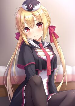 1girl absurdres arihara_nanami arms_at_sides black_capelet black_dress black_hat black_pantyhose blonde_hair blush bow braid breasts capelet closed_mouth convenient_leg dress eyelashes eyes_visible_through_hair feet_out_of_frame frilled_dress frills furrowed_brow garrison_cap gyaoo_yuzu_soft hair_between_eyes hair_bow hat head_tilt highres hood hood_down indoors knees_up long_hair looking_at_viewer medium_breasts military_uniform necktie pantyhose red_bow red_eyes red_necktie riddle_joker short_dress side_braid sidelighting sidelocks sitting smile solo straight_hair third-party_source very_long_hair