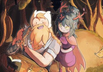 adventure_time adventure_time:_fionna_and_cake antlers beard blonde_facial_hair character_tattoo chinese_commentary colored_sclera colored_skin commentary dog eren_330520 facial_hair finn_the_human green_sclera hair_branch hat hat_with_ears horns huntress_wizard jake_the_dog mechanical_arms plant_hair purple_tunic shark_sword_(adventure_time) single_mechanical_arm tattoo tied_beard tunic