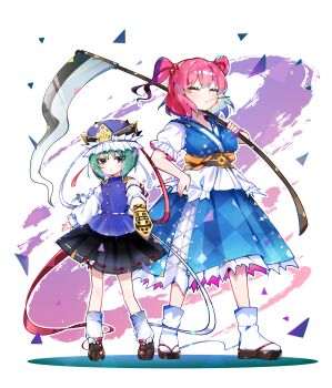 2girls black_skirt blue_dress blue_eyes blue_vest bow breasts brown_footwear buttons closed_eyes commentary dress epaulettes footwear_bow foreshortening frilled_hat frilled_sleeves frills full_body green_hair hair_bobbles hair_ornament hand_on_own_hip hat hat_ribbon height_difference highres holding holding_scythe light_blush long_sleeves mouth_hold multiple_girls okobo onozuka_komachi outline pink_hair platform_sandals puffy_short_sleeves puffy_sleeves red_ribbon ribbon ribbon-trimmed_skirt ribbon-trimmed_vest ribbon_trim rod_of_remorse sandals scythe shiki_eiki short_hair short_sleeves sia_6767 skirt sleeve_ribbon socks stalk_in_mouth standing touhou triangle two-tone_bow two_side_up vest white_outline white_ribbon white_socks