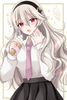 Rule 34 | 1girl, alternate costume, black hairband, black skirt, breasts, collared shirt, commentary request, female corrin (fire emblem), fire emblem, fire emblem fates, food, grey hair, hair between eyes, hairband, highres, holding, holding food, ice cream, ice cream cone, kirishima riona, large breasts, long hair, long sleeves, looking at viewer, nail polish, necktie, nintendo, open mouth, pink nails, pink necktie, pleated skirt, puffy long sleeves, puffy sleeves, red eyes, shirt, skirt, sleeves past wrists, soft serve, solo, sparkle, translation request, very long hair, white shirt