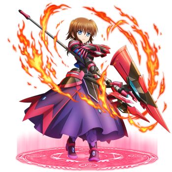 1girl black_gloves blue_eyes brown_hair claw_(weapon) dress fingerless_gloves fire full_body gloves holding holding_polearm holding_weapon luciferion lyrical_nanoha magic_circle magical_girl mahou_shoujo_lyrical_nanoha_detonation official_art overlord_(maruyama) polearm purple_dress pyrokinesis short_hair solo standing standing_on_magic_circle stern_the_destructor transparent_background weapon
