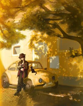 Rule 34 | 1girl, absurdres, bandeau, belt, black bandeau, black belt, black cat, black gloves, black hair, black hat, black jacket, black pants, black shoes, book, building, car, cat, day, deren (path to nowhere), door, dress shoes, earrings, gloves, hand on own chin, hat, hat ornament, heart, heart earrings, heart necklace, highres, holding, holding book, jacket, jewelry, long sleeves, luori dianxin, medium hair, midriff, motor vehicle, necklace, open book, open clothes, open jacket, outdoors, pants, path to nowhere, reading, road, shoes, solo, standing, standing on one leg, stroking own chin, thinking, tree, wide shot, window, yellow car