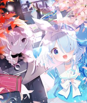 2girls arona_(blue_archive) ayahosiyuki black_choker black_coat black_eyes black_hairband black_sailor_collar black_serafuku blue_archive blue_eyes blue_hair blue_halo blush book braid choker coat hair_over_one_eye hairband halo highres holding holding_book long_hair long_sleeves multicolored_hair multiple_girls open_mouth pink_hair plana_(blue_archive) red_halo sailor_collar school_uniform serafuku smile white_choker white_hair white_sailor_collar