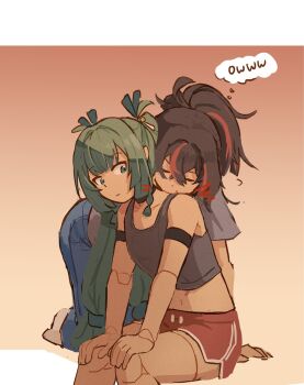 2girls android biting black_hair black_tank_top blue_pants closed_eyes commentary crop_top english_commentary gradient_background green_eyes green_hair grey_shirt highres joints long_hair multiple_girls neck_biting nonnormalguy pants ponytail qingyi_(zenless_zone_zero) red_background red_shorts red_streaks robot_joints shirt shorts speech_bubble tank_top thought_bubble twintails yellow_background yuri zenless_zone_zero zhu_yuan