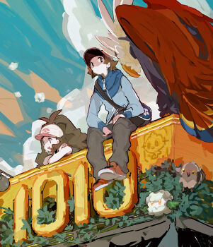 1boy 1girl bag baseball_cap braviary brown_eyes brown_hair closed_mouth cottonee crossed_arms gen_5_pokemon hat hilbert_(pokemon) hilda_(pokemon) jacket lillin long_sleeves nintendo pants pidove pokemon pokemon_(creature) pokemon_bw shoes shoulder_bag sidelocks sitting vanillite wristband zipper_pull_tab