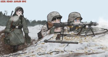 3girls ammunition ammunition_belt ammunition_box ammunition_pouch blue_eyes bolt_action breath bullet cartridge coat explosive germany gloves grenade gun handgun holding holding_gun holding_weapon long_hair machine_gun mauser_98 mg42 military mud multiple_girls original pistol pouch purple_eyes rifle shell_casing snow stielhandgranate the_zombie5555 trench trench_coat uniform walther walther_p38 weapon wehrmacht world_war_ii yellow_eyes