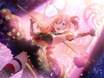 Rule 34 | 1girl, arm up, armpits, asymmetrical legwear, bindle, black dress, black thighhighs, detached sleeves, dress, drill hair, dutch angle, feather hair ornament, feathers, flower, frilled dress, frilled sleeves, frills, from below, game cg, gears, green eyes, hair ornament, holding, holding stick, looking at viewer, multicolored dress, official art, open mouth, pink hair, puffy detached sleeves, puffy sleeves, shoujo kageki revue starlight, shoujo kageki revue starlight -re live-, solo, standing, stick, striped clothes, striped thighhighs, tarot, the fool (tarot), thigh strap, thighhighs, tsuruhime yachiyo, uneven legwear, upper body