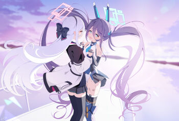 2girls absurdres aqua_halo aris_(armed)_(blue_archive) aris_(blue_archive) bare_shoulders black_hair black_hairband black_vest blue_archive blue_eyes blue_necktie blush breasts closed_mouth collared_shirt commentary_request double-parted_bangs grey_skirt hair_between_eyes hairband halo headgear highres holding holding_hands jacket kei_(blue_archive) kei_(new_body)_(blue_archive) leotard long_hair long_hair_between_eyes long_sleeves looking_at_viewer mecha_musume mechanical_arms mechanical_legs multiple_girls necktie official_alternate_costume official_alternate_hairstyle open_clothes open_jacket open_mouth pink_eyes puffy_long_sleeves puffy_sleeves rectangular_halo ringed_eyes shirt short_necktie showgirl_skirt sikimosh sitting skirt sleeves_past_wrists small_breasts smile thighhighs twintails very_long_hair vest white_hair white_jacket white_leotard white_shirt