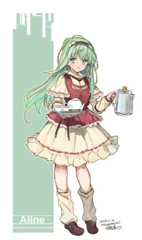 1girl aline_(dalk) brown_hairband brown_shoes commentary_request dalk_(alicesoft) dated detached_sleeves dress full_body green_eyes green_hair hairband highres holding holding_kettle holding_tray kettle long_hair orion_(orionproject) red_dress shoes smile solo teapot tray