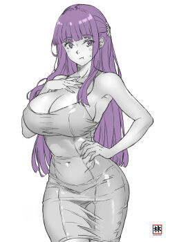 1girl absurdres armpits artist_logo artist_name blunt_bangs blush breasts cleavage closed_mouth collarbone commentary_request covered_navel cowboy_shot dress fern_(sousou_no_frieren) greyscale half_updo hand_on_own_chest hand_on_own_hip highres korean_commentary large_breasts logo long_hair looking_at_viewer monochrome moonzero_(cdggam) pout purple_eyes purple_hair sideboob sidelocks solo sousou_no_frieren spot_color sweatdrop white_background
