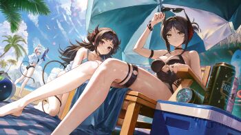 3girls arknights ball beach beach_umbrella beachball beer_can bikini black_bikini black_hair black_horns black_one-piece_swimsuit bracelet brown_hair can chair choker cooler demon_horns demon_tail drink_can gy1966 highres holding holding_removed_eyewear holding_water_gun horns ines_(arknights) jewelry looking_at_viewer multiple_girls o-ring o-ring_swimsuit one-piece_swimsuit paprika_(arknights) parted_lips red_eyes red_horns sitting sunglasses swimsuit tail thigh_strap umbrella unworn_eyewear w_(arknights) water_gun white_bikini white_hair yellow_eyes