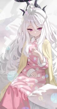 Rule 34 | 1girl, absurdres, ahoge, black halo, black horns, blue archive, blurry, bokeh, cardigan, cardigan on shoulders, closed mouth, commentary request, demon girl, demon horns, demon wings, depth of field, dress, hair between eyes, halo, highres, hina (blue archive), hina (pajamas) (blue archive), horns, long hair, long hair between eyes, long sleeves, looking at viewer, multiple horns, official alternate costume, pajamas, pillow, pink pajamas, polka dot, polka dot dress, polka dot pajamas, purple eyes, sitting, solo, songchuan li, very long hair, wavy hair, white hair, wings, yellow cardigan