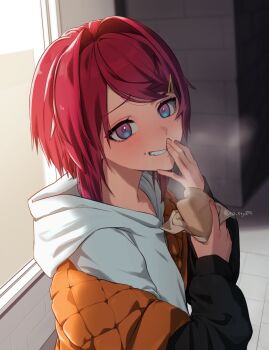 Rule 34 | 1girl, ange katrina, ange katrina (casual), backlighting, black jacket, blue eyes, breath, commentary request, crumbs, eating, eyelashes, fingernails, food, food on face, from side, grin, hair intakes, hair ornament, hairclip, hand to own mouth, hands up, highres, holding, holding food, hood, hood down, hoodie, jacket, long sleeves, looking at viewer, looking to the side, medium hair, multicolored eyes, night, nijisanji, off shoulder, official alternate costume, orange jacket, purple eyes, quilted jacket, raised inner eyebrows, re:sty, red hair, shadow, smile, smirk, smug, solo, steam, steamed bun, swept bangs, twitter username, two-sided fabric, two-sided jacket, virtual youtuber, white hoodie, window