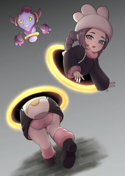 1girl :o absurdres ansha_(pokemon) ass backpack bag black_coat black_shoes coat commentary_request eyelashes gen_6_pokemon grey_background hat highres hoopa hoopa_(confined) leg_warmers legendary_pokemon light_blush loli long_hair long_sleeves mythical_pokemon nintendo open_mouth panties pink_leg_warmers pink_panties pink_scarf pokemon pokemon_(creature) pokemon_legends:_z-a portal_(object) scarf shirt shoes teeth underwear upper_teeth_only white_bag wujin_shenyuan