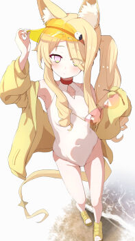 1girl adjusting_clothes adjusting_headwear animal_ear_fluff animal_ears bare_shoulders blonde_hair blue_archive blush breasts bright_pupils casual_one-piece_swimsuit clothing_cutout collarbone commentary_request covered_navel diamond_cutout extra_ears eyes_visible_through_hair feet foreshortening fox_ears fox_girl fox_tail from_above full_body gradient_eyes groin hair_over_one_eye hand_on_headwear hand_up hands_up highleg highleg_one-piece_swimsuit highres holding holding_removed_eyewear jacket loli long_hair long_sidelocks long_sleeves looking_at_viewer menchi-men multicolored_eyes no_halo off_shoulder official_alternate_costume official_alternate_hairstyle one-piece_swimsuit open_clothes open_jacket orange-tinted_eyewear parted_lips pink_eyes revision sandals seia_(blue_archive) seia_(swimsuit)_(blue_archive) side_ponytail sidelocks simple_background sleeves_past_fingers sleeves_past_wrists slit_pupils small_breasts solo standing star_ornament swimsuit tail tail_ornament thighs tinted_eyewear toes two-tone_eyes unworn_eyewear very_long_hair visor_cap water wavy_ends white_background white_one-piece_swimsuit white_pupils yellow_eyes yellow_jacket yellow_sandals yellow_visor