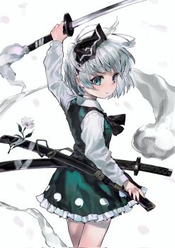 Rule 34 | 1girl, artist name, blue eyes, bow, bowtie, commentary request, corrupted twitter file, cowboy shot, frilled skirt, frills, from behind, hairband, highres, hitodama, holding, holding sword, holding weapon, katana, konpaku youmu, konpaku youmu (ghost), long sleeves, looking back, multiple swords, sayoko404, sheath, sheathed, short hair, skirt, skirt set, sword, touhou, weapon, white hair