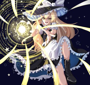 Rule 34 | 1girl, apron, black boots, black hat, black skirt, black vest, blonde hair, blue background, boots, bow, braid, buttons, commentary request, dinotodon, frilled apron, frilled hat, frilled skirt, frills, hair bow, hat, hat bow, highres, kirisame marisa, long hair, lower teeth only, magic circle, mini-hakkero, open mouth, red bow, shirt, short sleeves, single braid, skirt, solo, star (symbol), teeth, touhou, variant set, very long hair, vest, waist apron, white bow, white shirt, wide brim, witch hat, yellow eyes