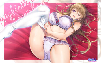 1girl artist_name artist_request bed blush bow bra breasts brown_hair female_focus frilled_bra frilled_panties frills hair_between_eyes hair_over_shoulder knee_up konoe_kanata leg_up long_hair looking_at_viewer love_live! love_live!_nijigasaki_high_school_idol_club medium_breasts on_bed one_eye_closed panties parted_lips pull purple_eyes red_bow smile solo underwear white_legwear white_panties