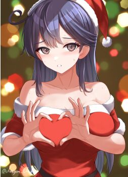 1girl ahoge bare_shoulders black_hair blush breasts brown_eyes christmas christmas_tree cleavage collarbone commentary_request dangan_kurabu dress fur_trim hair_between_eyes hat highres kantai_collection large_breasts long_hair nervous_sweating off-shoulder_dress off_shoulder open_mouth santa_costume santa_dress santa_hat solo sweat upper_body ushio_(kancolle)