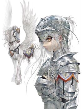 1girl armor b0throps breastplate commentary cyber_sigilism emblem english_commentary eyeliner full_armor heraldry highres knight long_hair looking_at_viewer makeup orange_eyes original pauldrons pegasus plate_armor ponytail shoulder_armor upper_body white_background white_hair